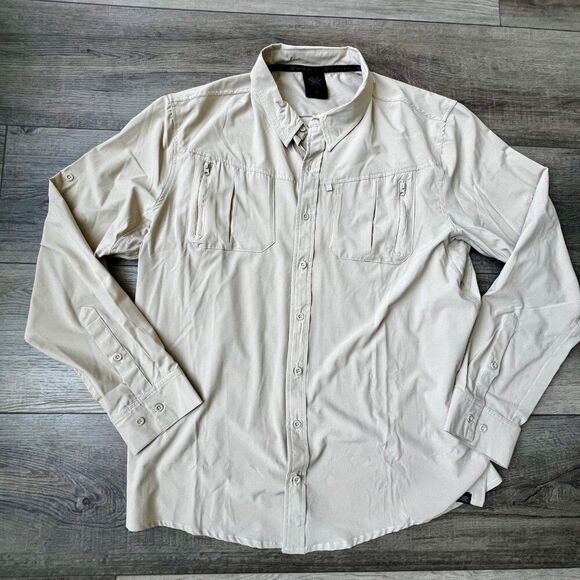 Vortex Tan Stretchy Mesh Vented Pockets Roll Up Long Sleeves Lightweight Shirt - Picture 1 of 11